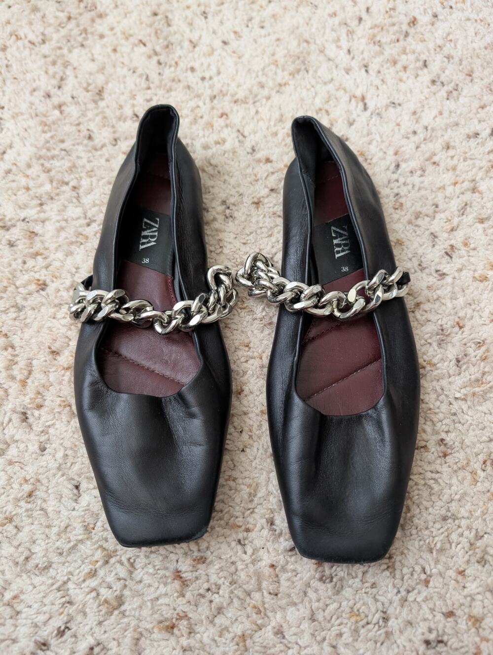 ZARA leather ballet flats with chunky silver chain strap